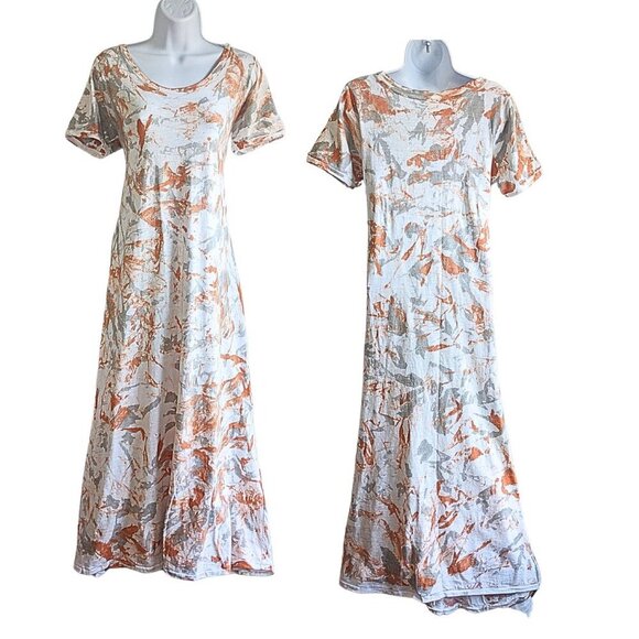 GILDA MIDANI Orange Cream & Gray Splatter Tie Dye 100% Cotton SS Maxi Dress Sz M - Picture 2 of 7